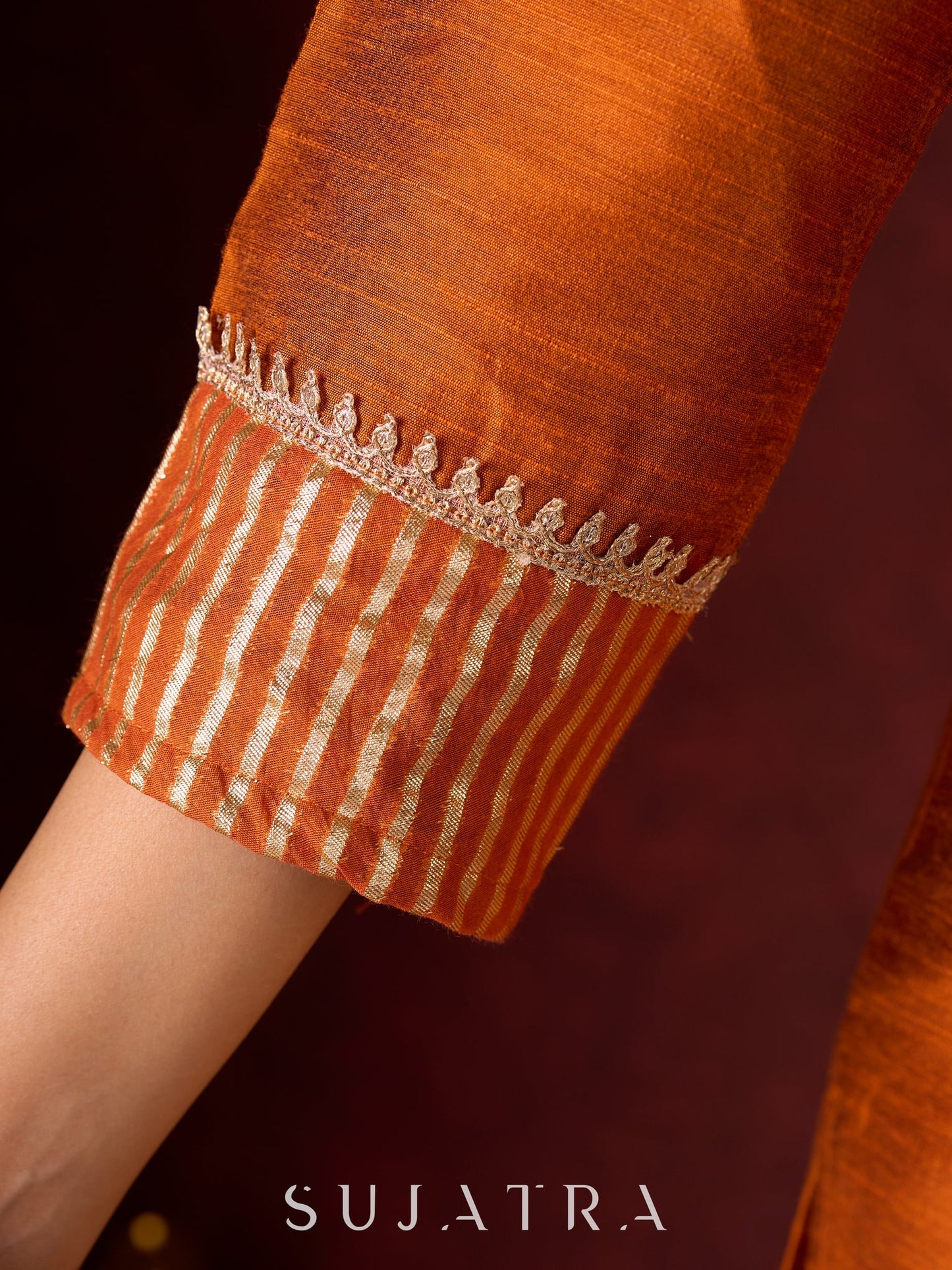 Deep Rust Cotton-Silk Panel Kurta with Subtle Brocade Accents