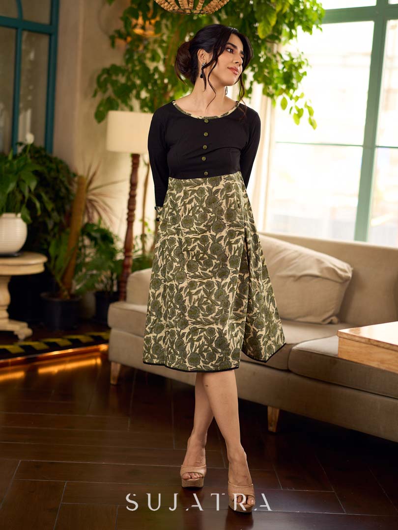 Olive floral dress featuring a contrasting black yoke, designed in a straight fit and highlighted with subtle floral accents for a clean, elegant earthy look