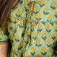 Botanical Green Printed Top with Contrast Mustard Flared Hem and Puffy Sleeves with Pearl Embellishments