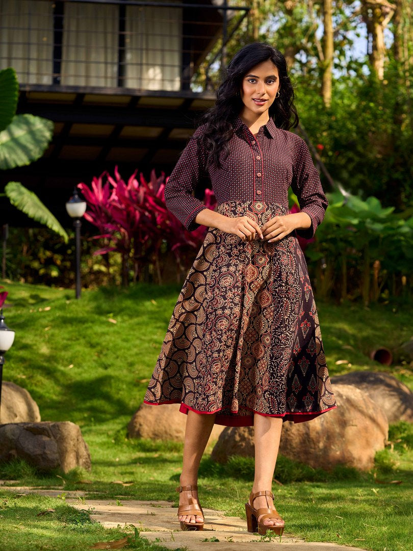 Ajrakh Block Printed Cotton Panel Flared Shirt Dress with Collared Neckline