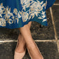 Classy teal cotton silk one piece dress with bold floral embroidery