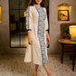 Elegant Ivory A-Line Cotton Dress with Geometric Hand Block Printed Panels & Side Slit Highlighted with Kantha