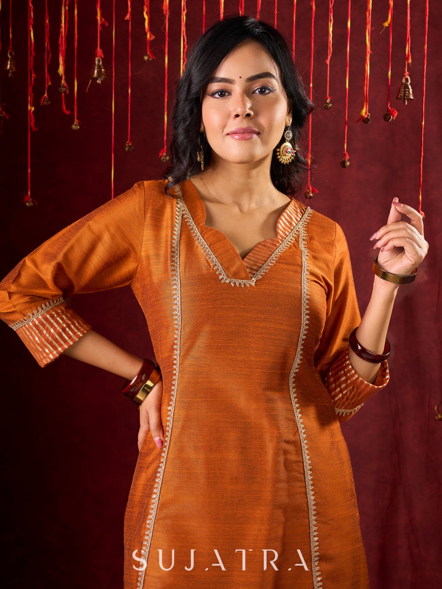 Deep Rust Cotton-Silk Panel Kurta with Subtle Brocade Accents