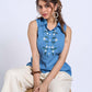 Sky Blue Sleeveless Collared Top with Exquisite Hand Embroidered Florals