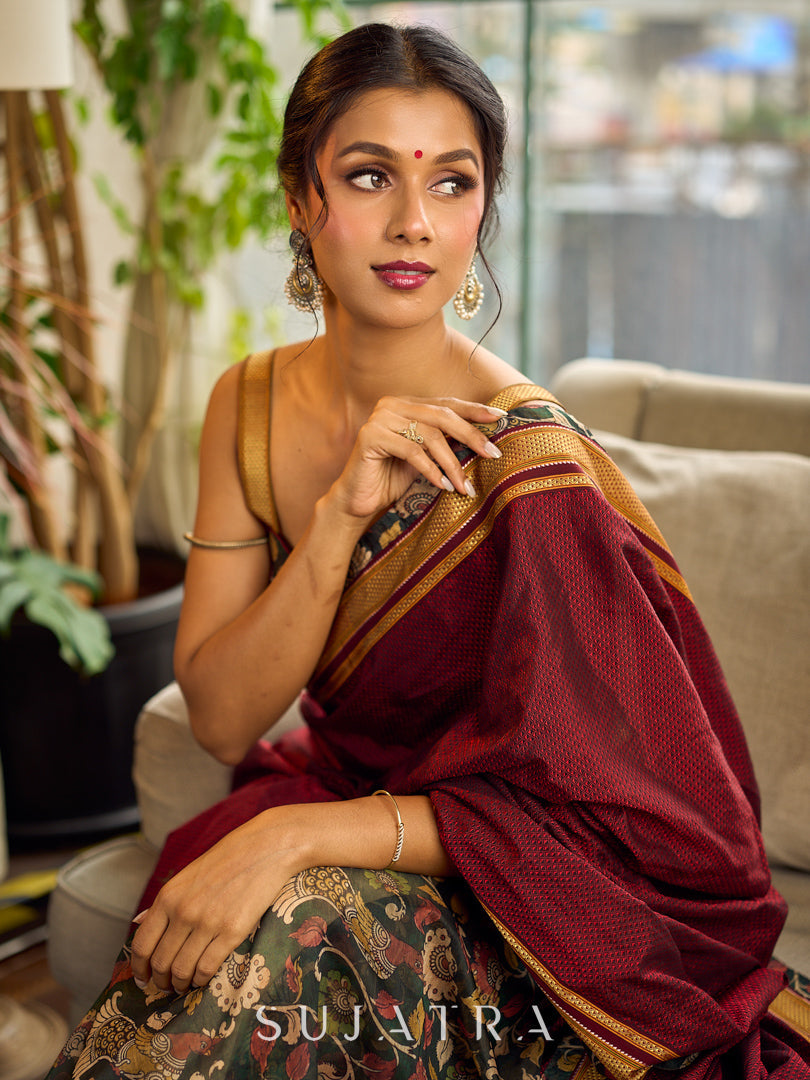 Timeless Dark Green Kalamkari Printed Chanderi Saree with Maroon Khun Pallu