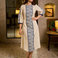 Elegant Ivory A-Line Cotton Dress with Geometric Hand Block Printed Panels & Side Slit Highlighted with Kantha