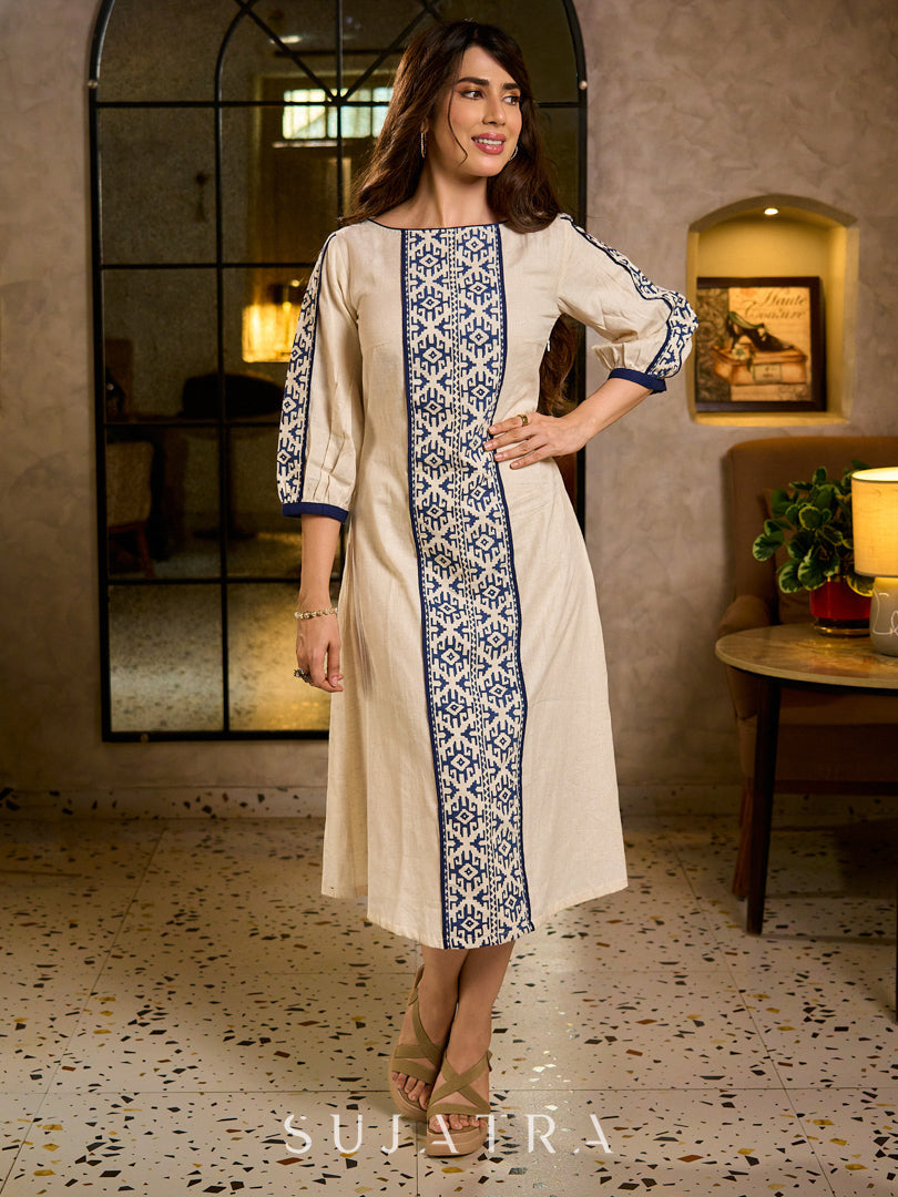 Elegant Ivory A-Line Cotton Dress with Geometric Hand Block Printed Panels & Side Slit Highlighted with Kantha