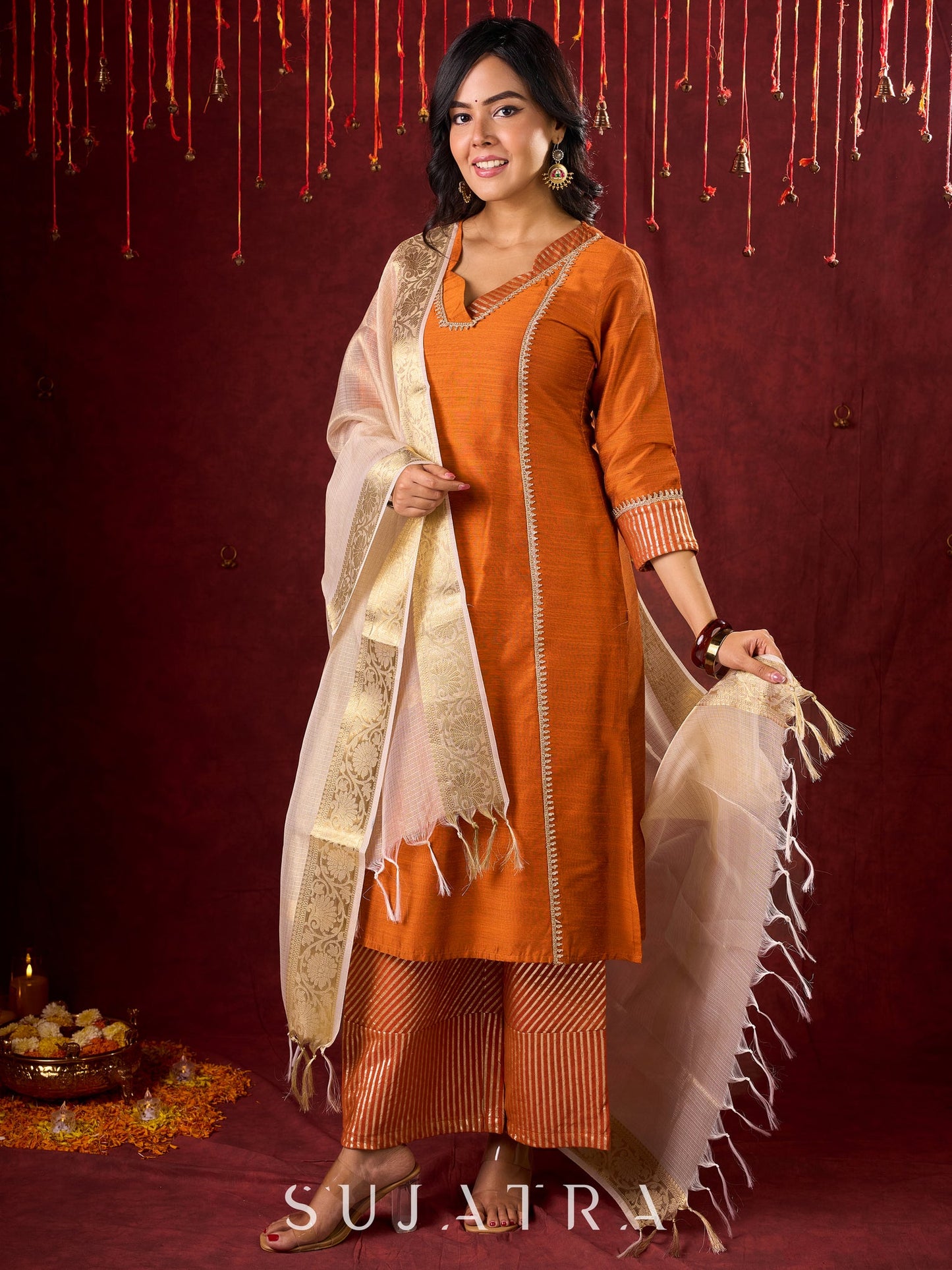 Deep Rust Cotton-Silk Panel Kurta with Subtle Brocade Accents
