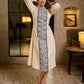 Elegant Ivory A-Line Cotton Dress with Geometric Hand Block Printed Panels & Side Slit Highlighted with Kantha