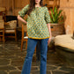 Botanical Green Printed Top with Contrast Mustard Flared Hem and Puffy Sleeves with Pearl Embellishments