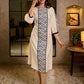 Elegant Ivory A-Line Cotton Dress with Geometric Hand Block Printed Panels & Side Slit Highlighted with Kantha
