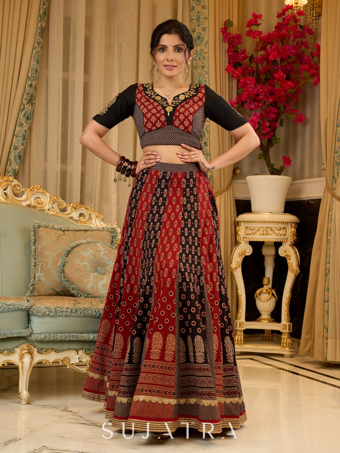 Handcrafted maroon & black Ajrakh print lehenga paired with an embroidered blouse for rich artisanal look - Dupatta Optional