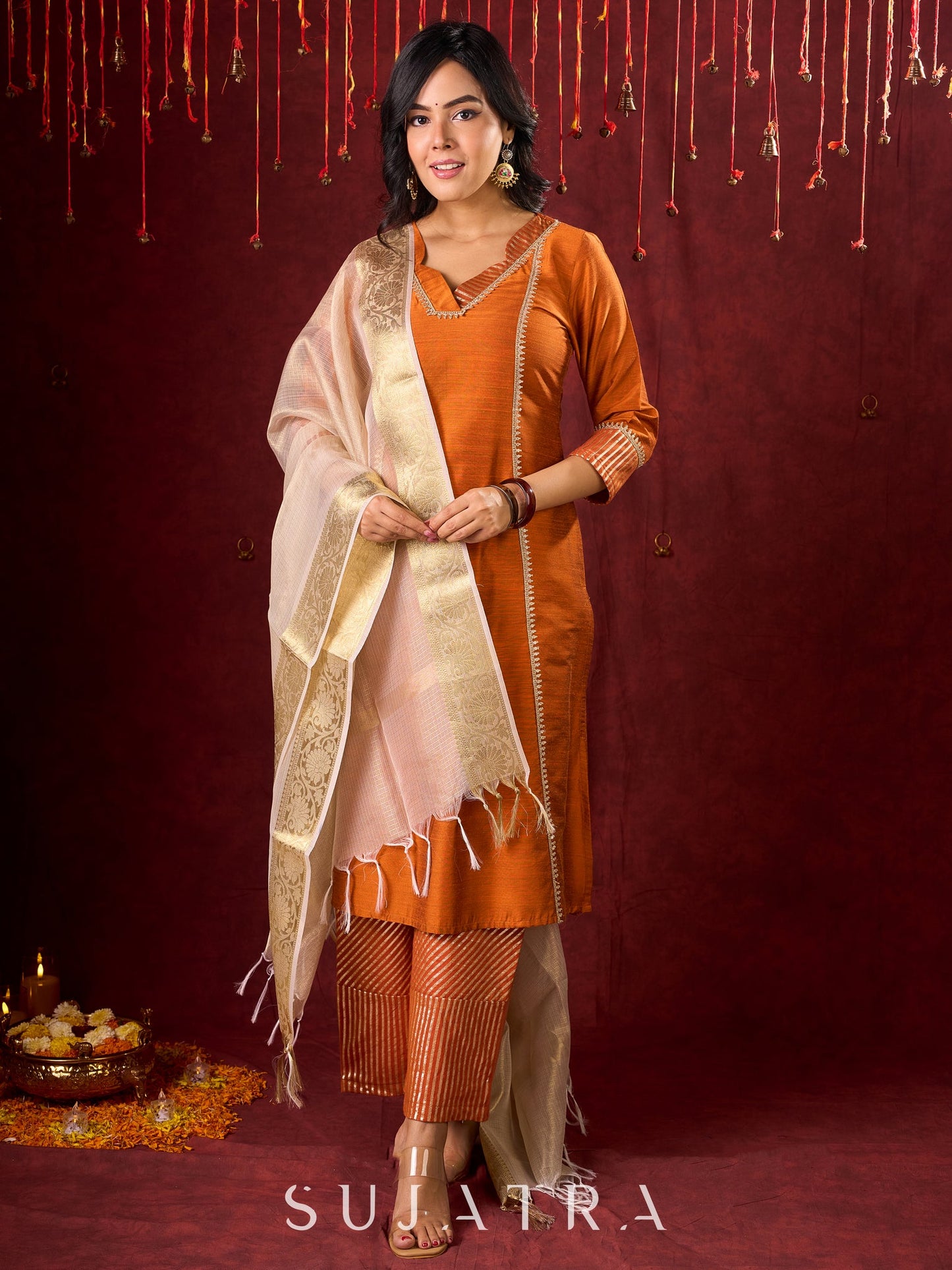 Deep Rust Cotton-Silk Panel Kurta with Subtle Brocade Accents