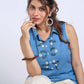 Sky Blue Sleeveless Collared Top with Exquisite Hand Embroidered Florals