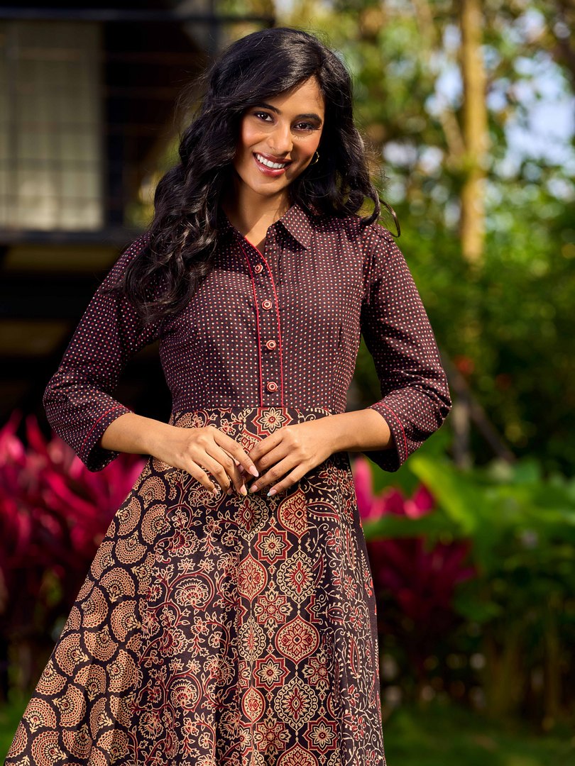Ajrakh Block Printed Cotton Panel Flared Shirt Dress with Collared Neckline