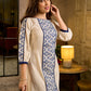 Elegant Ivory A-Line Cotton Dress with Geometric Hand Block Printed Panels & Side Slit Highlighted with Kantha