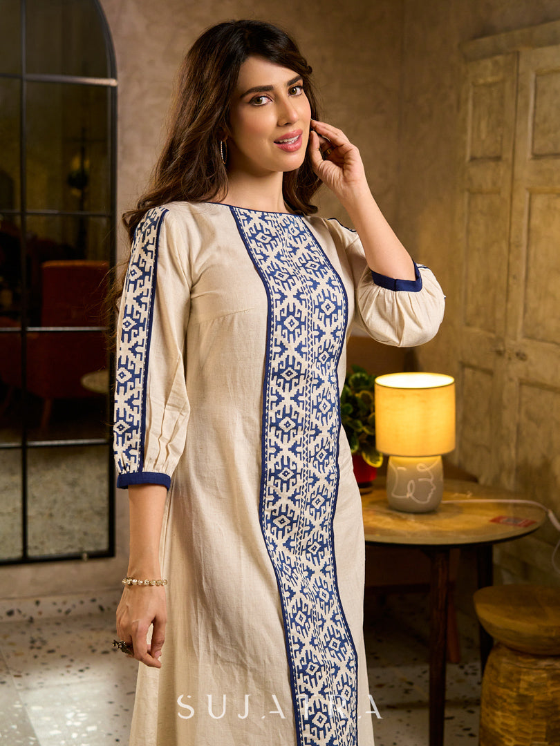 Elegant Ivory A-Line Cotton Dress with Geometric Hand Block Printed Panels & Side Slit Highlighted with Kantha