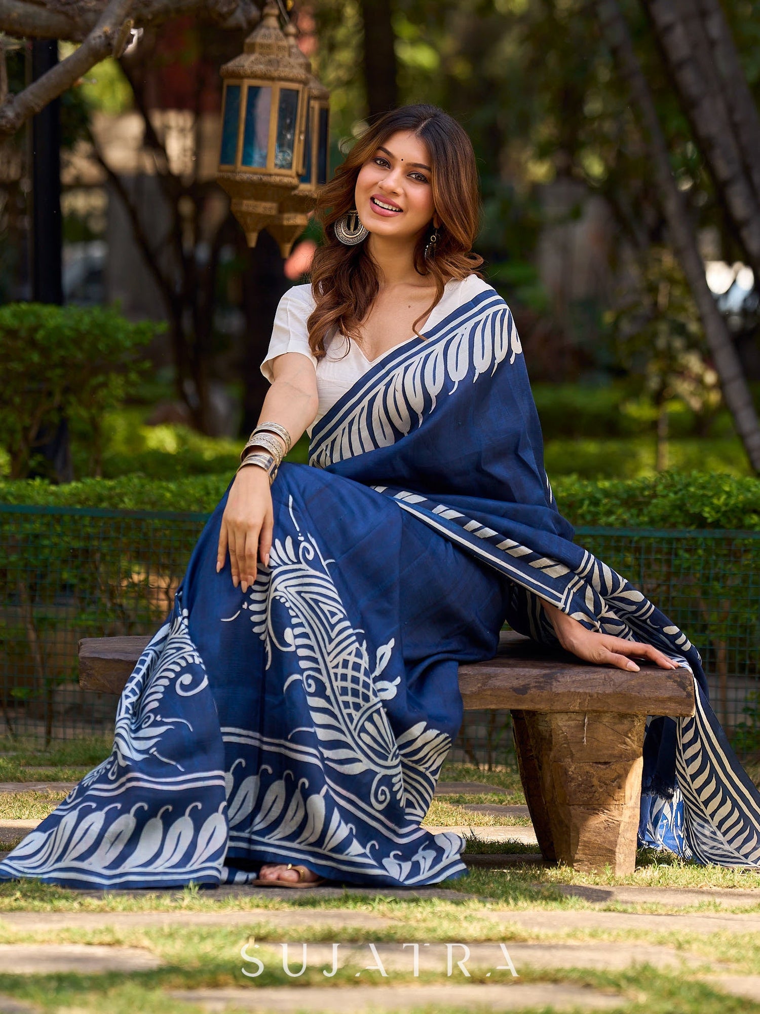Artisan Blue Pure Silk Saree featuring Bold Hand Batik Work