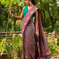 Contemporary Teal and Pink Striped Cotton Saree with Dual-Tone Effect and Hand Block Print Motifs