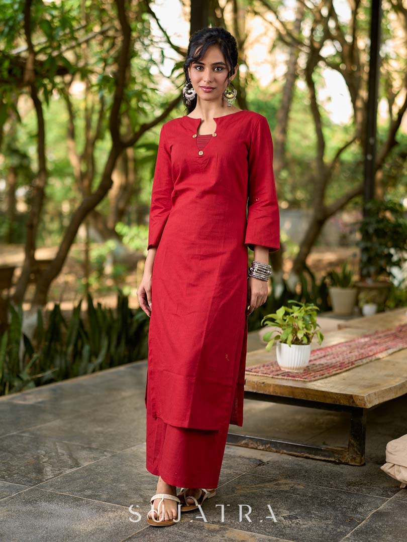 Deep Maroon Cotton Kurta with Subtle Front Button Detail