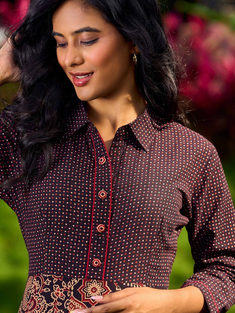 Ajrakh Block Printed Cotton Panel Flared Shirt Dress with Collared Neckline