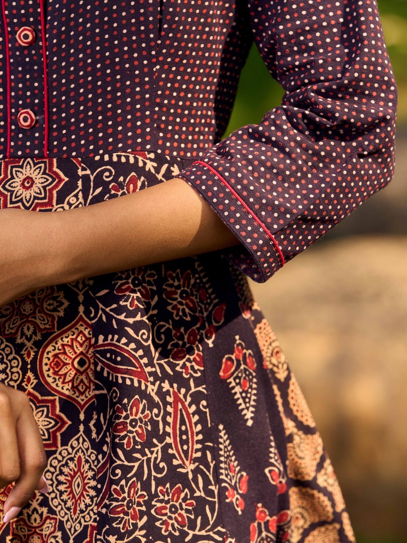 Ajrakh Block Printed Cotton Panel Flared Shirt Dress with Collared Neckline