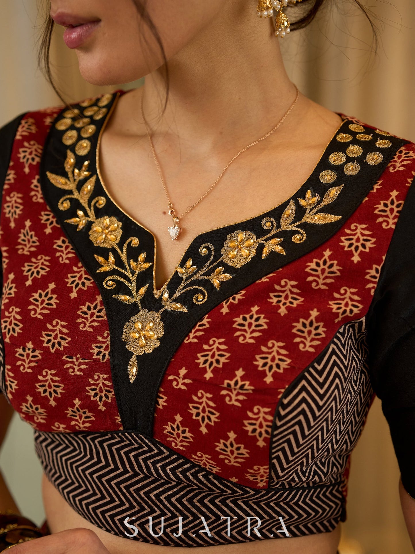 Handcrafted maroon & black Ajrakh print lehenga paired with an embroidered blouse for rich artisanal look - Dupatta Optional
