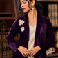 Royal Wine Velvet Jacket Adorned With Hand-Embroidered Flower Brooches