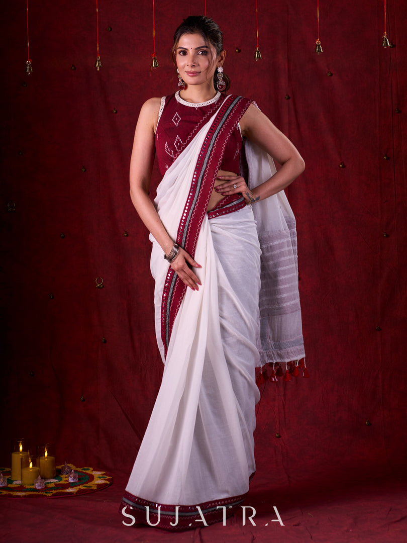 Graceful White Mul Cotton Saree with Ikat-Jamdani Border & Sparkling Mirror Lace Detailing