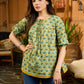 Botanical Green Printed Top with Contrast Mustard Flared Hem and Puffy Sleeves with Pearl Embellishments