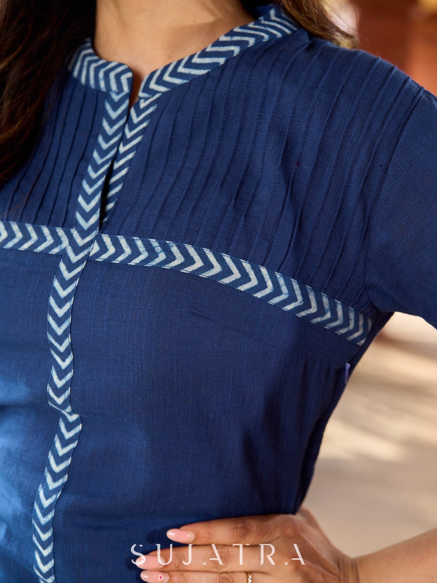 Elegant Navy blue cotton kurta with front pintuck detailing - indigo pant optional.
