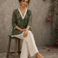 Earthy deep olive Jaipur floral top featuring box-pleated sleeves and delicate Hakoba accents for timeless elegance.