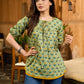 Botanical Green Printed Top with Contrast Mustard Flared Hem and Puffy Sleeves with Pearl Embellishments
