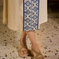 Elegant Ivory A-Line Cotton Dress with Geometric Hand Block Printed Panels & Side Slit Highlighted with Kantha