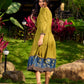 Olive Green Dress with Contrast Ajrakh Handblock Print Border and Puff Sleeves