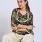 Chic Black Floral Print Cotton Bell Sleeve Top with Tie-Up Neckline & Crochet Lace Trim