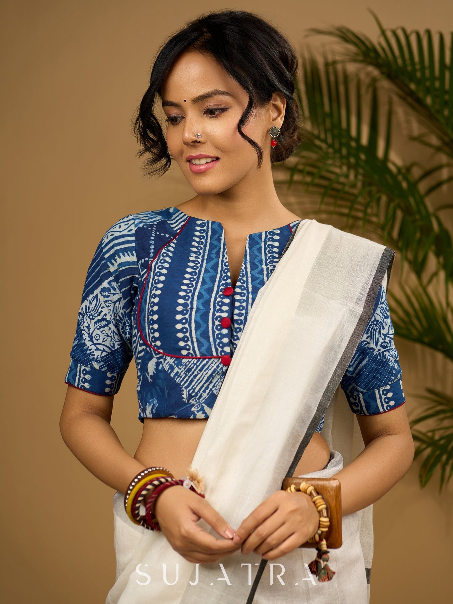 Stylish sleek modern cotton indigo blouse