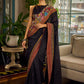 Elegant Black Cotton Saree with Ajrakh Print & Kalamkari Painted Border