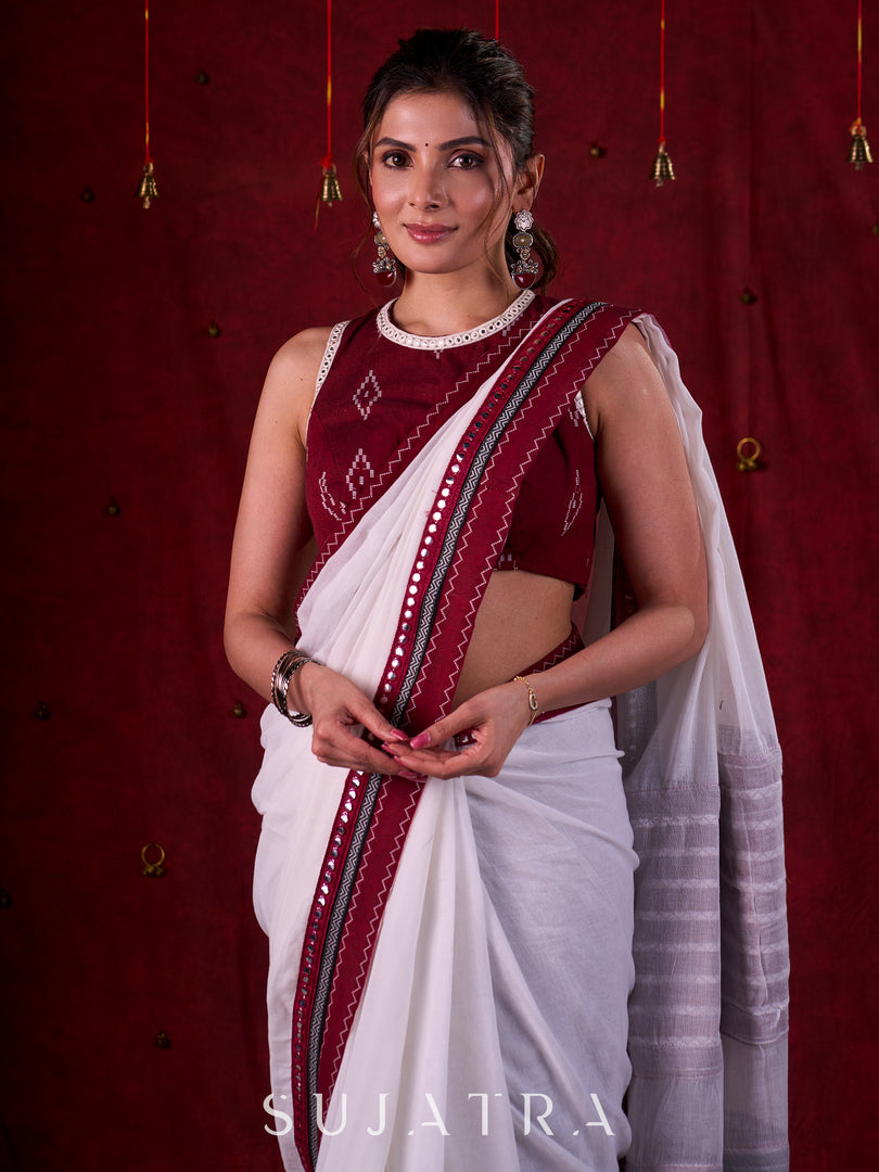 Graceful White Mul Cotton Saree with Ikat-Jamdani Border & Sparkling Mirror Lace Detailing