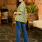 Botanical Green Printed Top with Contrast Mustard Flared Hem and Puffy Sleeves with Pearl Embellishments