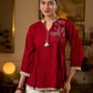 Maroon Cotton Pleated Top Featuring Ajrakh Striped Collar And Hem Accented With Pichwai Hand Painting