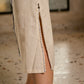 Elegant Ivory A-Line Cotton Dress with Geometric Hand Block Printed Panels & Side Slit Highlighted with Kantha