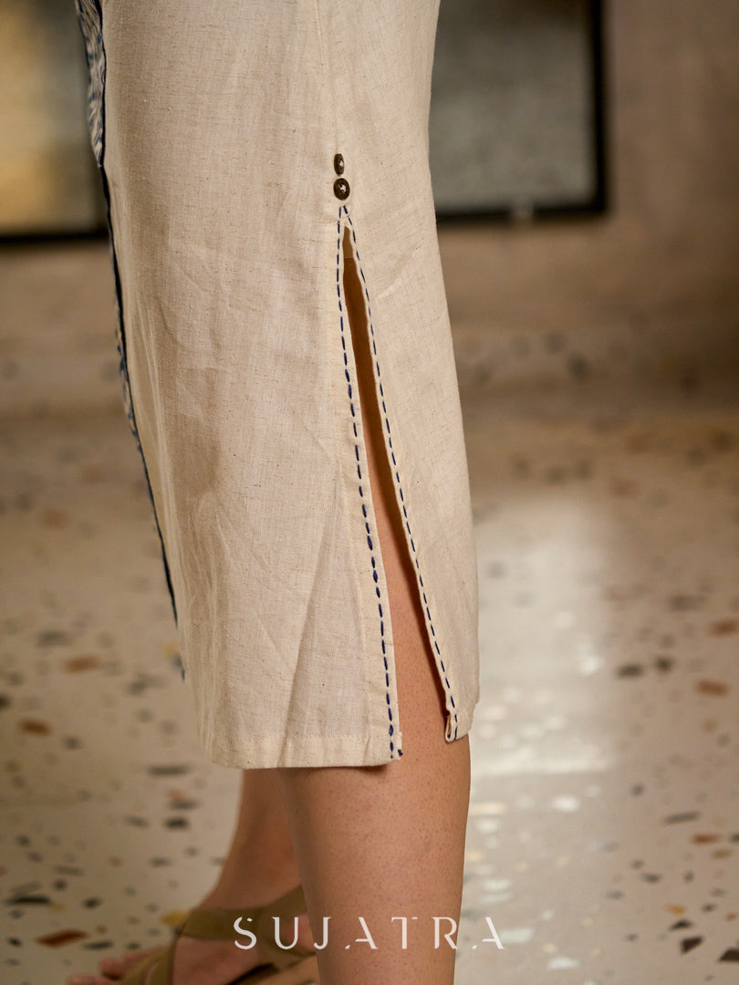 Elegant Ivory A-Line Cotton Dress with Geometric Hand Block Printed Panels & Side Slit Highlighted with Kantha