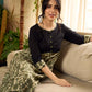 Olive floral dress featuring a contrasting black yoke, designed in a straight fit and highlighted with subtle floral accents for a clean, elegant earthy look