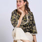 Chic Black Floral Print Cotton Bell Sleeve Top with Tie-Up Neckline & Crochet Lace Trim