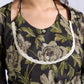 Chic Black Floral Print Cotton Bell Sleeve Top with Tie-Up Neckline & Crochet Lace Trim