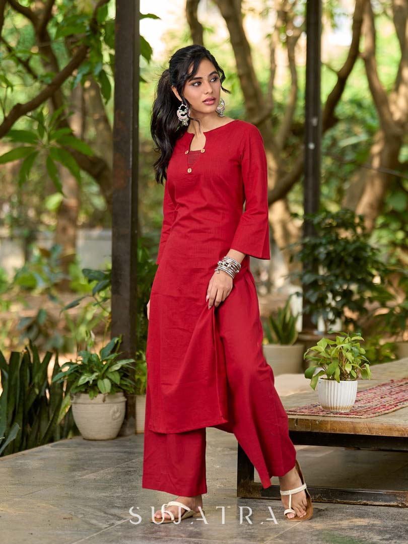Deep Maroon Cotton Kurta with Subtle Front Button Detail