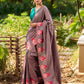 Contemporary Teal and Pink Striped Cotton Saree with Dual-Tone Effect and Hand Block Print Motifs