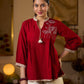 Maroon Cotton Pleated Top Featuring Ajrakh Striped Collar And Hem Accented With Pichwai Hand Painting