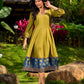 Olive Green Dress with Contrast Ajrakh Handblock Print Border and Puff Sleeves